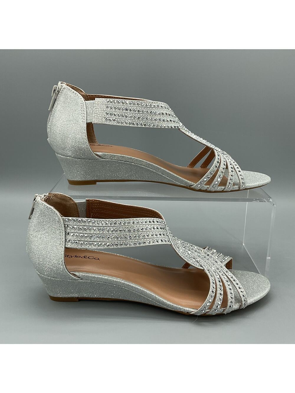 NEW Style & Co Women’s Ginifur Embellished Wedge Sandals Silver Size 7.5M